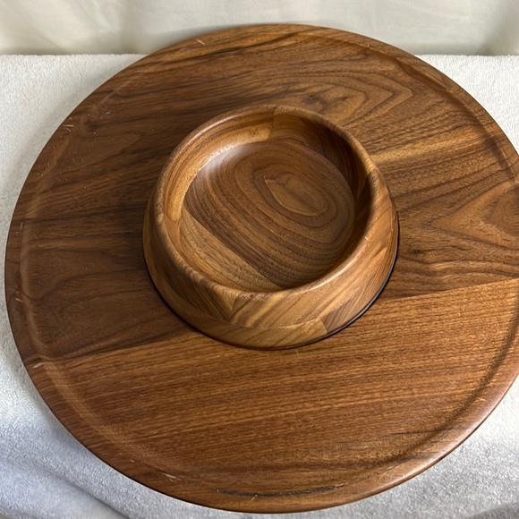 Vintage Solid Wooden Chip And Dip Snack Bowl Tray Large Size - 14” - Picture 1 of 7